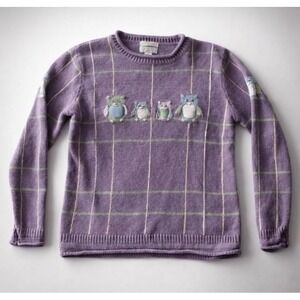 Christopher & Banks Owl Sweater Purple Plaid Vintage Retro Y2K Cottagecore S